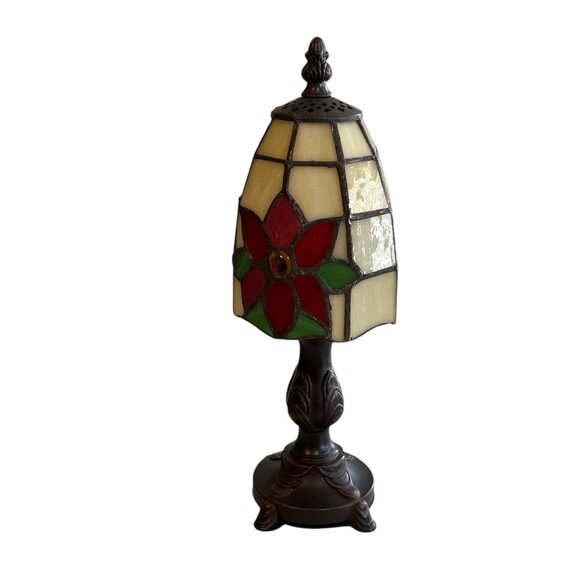 Cracker Barrel Tiffany Style Stained Glass POINSETTIA Mini Lamp With Box - Picture 5 of 6